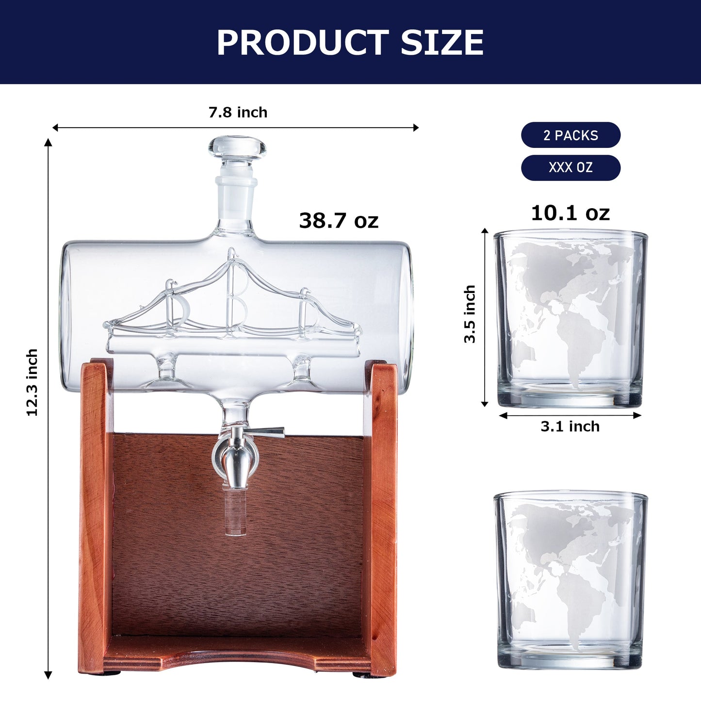 Whiskey & Wine Decanter Set 1250ml with 2 Whiskey Glasses, Liquor Dispenser For Home Bar, Ship Whiskey & Wine Decanter - Gift for Dad, Husband or Boyfriend - The Wine Savant Lead-Free Crystal Glass