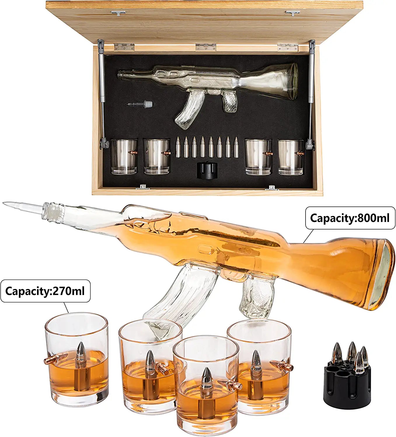 Gun Whiskey Decanter Set by The Wine Savant - SKF1801 Whiskey Gun Decanter 8 Bullet Whiskey Chillers - Military Gifts, Veteran Gifts, Law Enforcement Gifts, Home Bar Gifts, Drinking Accessories