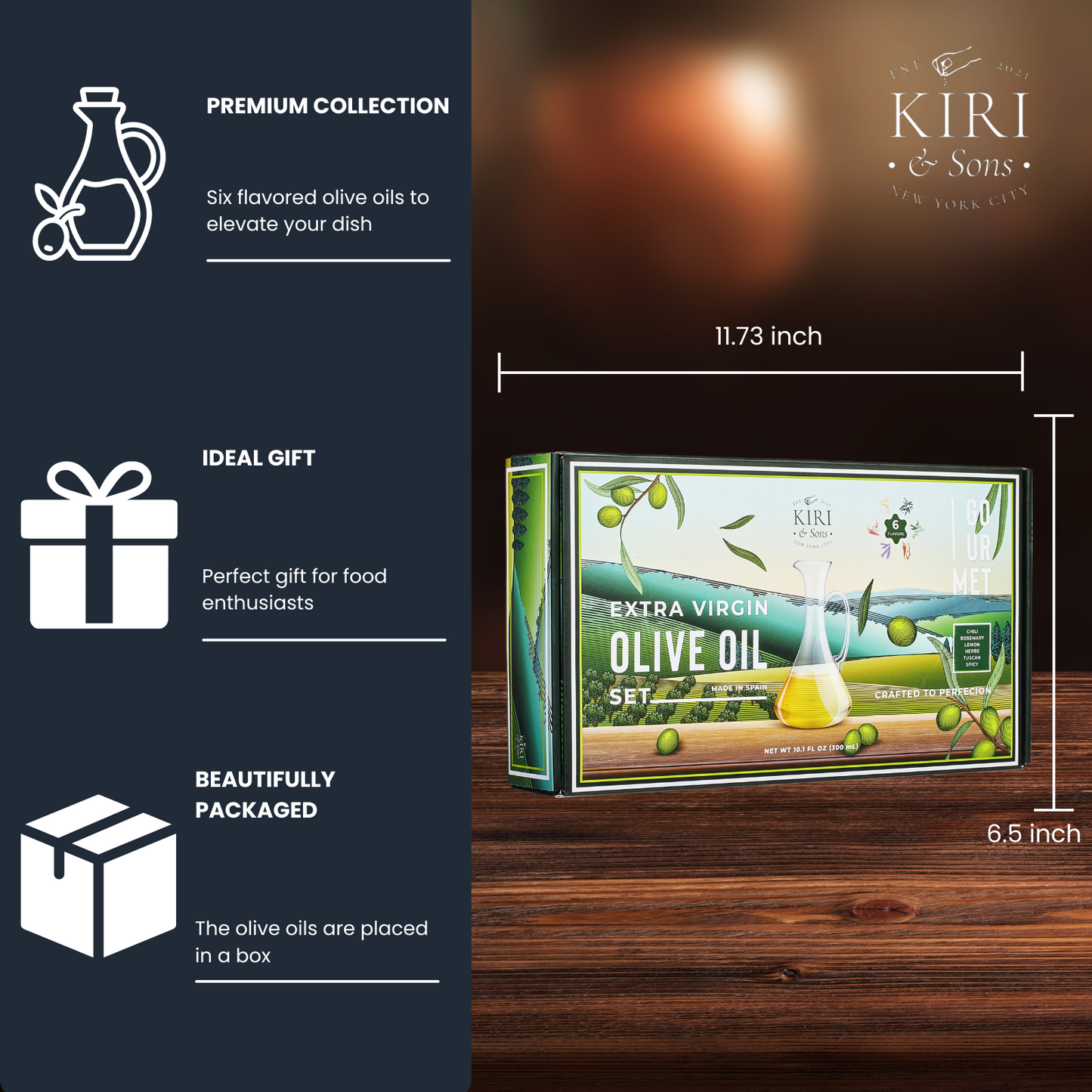 Olive Oil Gourmet Sampler Gift Set of 6 - Premium Extra-Virgin Blend Olive Oil Made In Spain, Natural Flavors Include Herbs, Chili, Spice, Rosemary, Tuscan & Lemon - Gifts for Her, Him