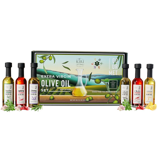 Olive Oil Gourmet Sampler Gift Set of 6 - Premium Extra-Virgin Blend Olive Oil Made In Spain, Natural Flavors Include Herbs, Chili, Spice, Rosemary, Tuscan & Lemon - Gifts for Her, Him