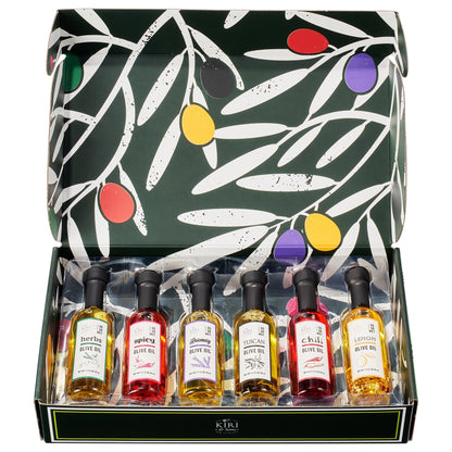 Olive Oil Gourmet Sampler Gift Set of 6 - Premium Extra-Virgin Blend Olive Oil Made In Spain, Natural Flavors Include Herbs, Chili, Spice, Rosemary, Tuscan & Lemon - Gifts for Her, Him